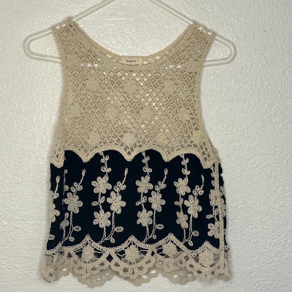 Ivory-Black Crochet Top with Crochet flowers